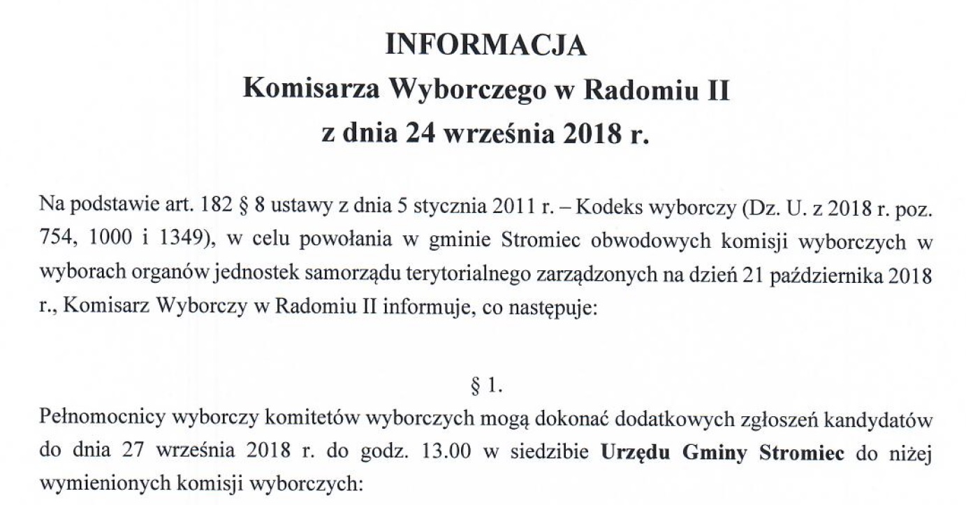 Informacja Komisarza Wyborczego w Radomiu II z dnia 24 wrzesnia 2018 r.