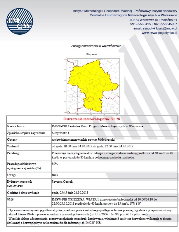 OSTRZEZENIE NR 28 Z DNIA 24.10.2018