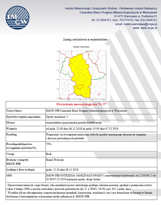 Ostrzezenie Nr 37 z dnia 06-12-2018