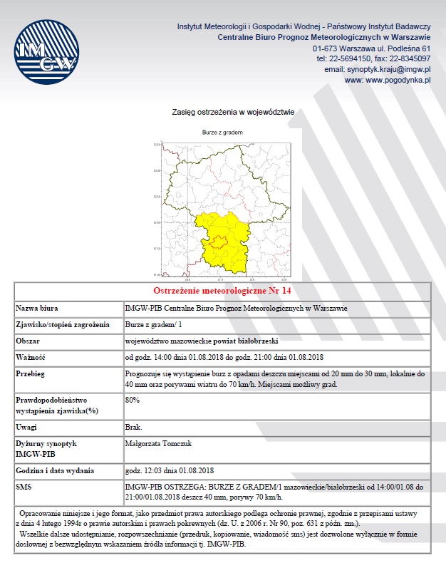 Ostrzezenie meteo Nr 14 z dnia 01.08.2018 r