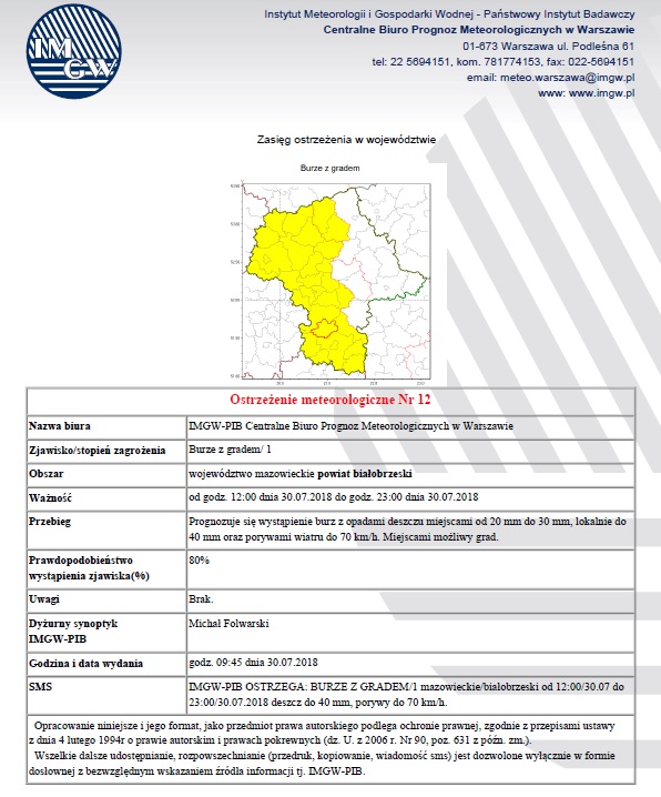 Ostrzezenie meteo nr 12 (30.07.2018)