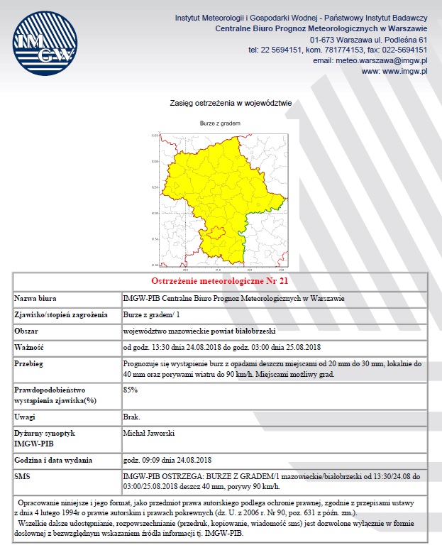 Ostrzezenie meteo nr 21 z dnia 24-08-2018