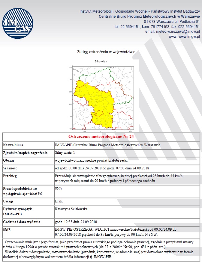 Ostrzezenie meteo nr 24 z dnia 24.09.2018