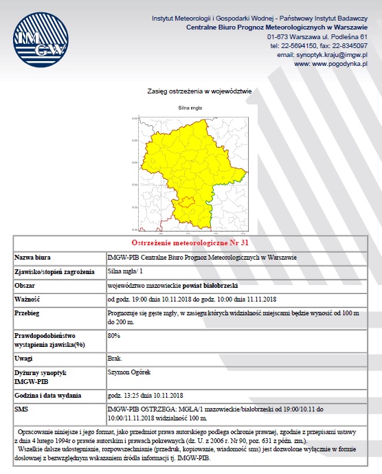 Ostrzezenie nr 31 z dnia 11-11-2018
